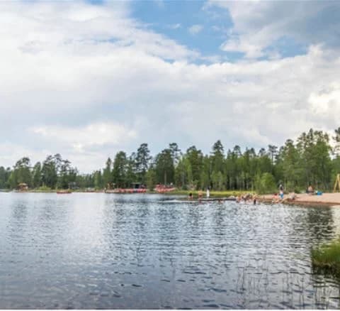 En sommardag vid Orsa Grönklitt med utsikt över en glittrande sjö omgiven av tät skog, under en molnig himmel.
