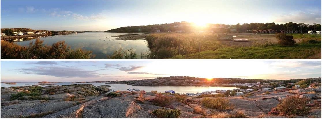 Vy över Wiggersviks camping med kustlandskap, där stranden möter en klar sjö. I bakgrunden syns en horisont som sträcker sig över det natursköna området, vilket skapar en panoramisk utsikt.