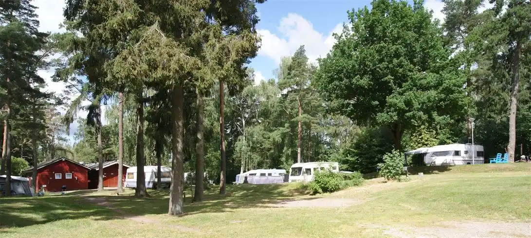 En grön campingplats med gräsmatta och träd, en liten stuga syns i bakgrunden vid Orebackens camping.