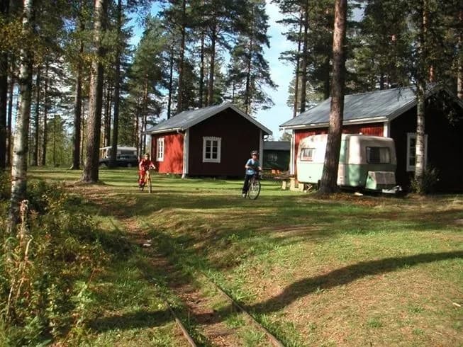 En grönskande campingplats med stugor i en lantlig miljö, omgiven av träd, gräs och öppna ytor på Näsåkers camping & stugby.