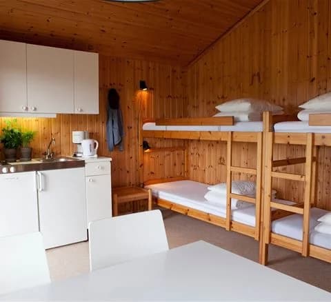 En interiörbild från Neptuni Camping med träinredning som dominerar rummet. Bilden visar trämöbler under ett ljust trätak, med träpaneler på både golv och väggar. Belysningen är smakfullt integrerad i taket och ger en varm och välkomnande atmosfär.