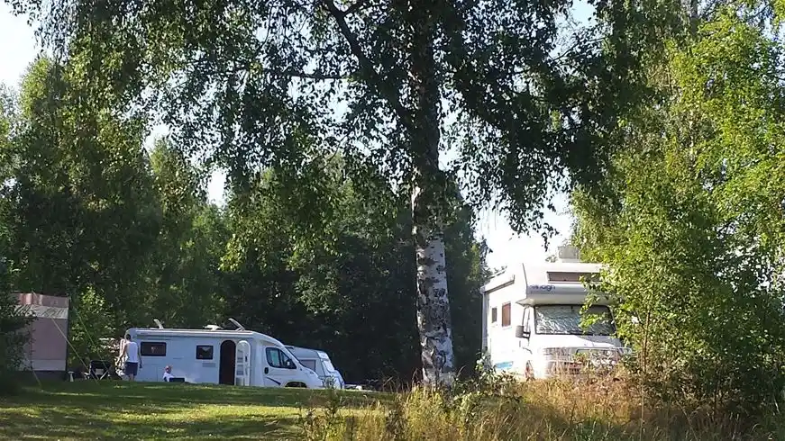 En campingplats vid Ljusnefors med uppställda husvagnar och husbilar bland träd. Ett par bilar parkerade i närheten, omgivna av grönska och tallar.
