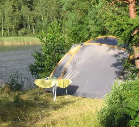 En tältplats i Hätteboda vildmarkscamping omgiven av tät skog, där ett tält står under en tarpaulin som ger skugga. Campingutrustning är utspridd på marken i den lummiga omgivningen.