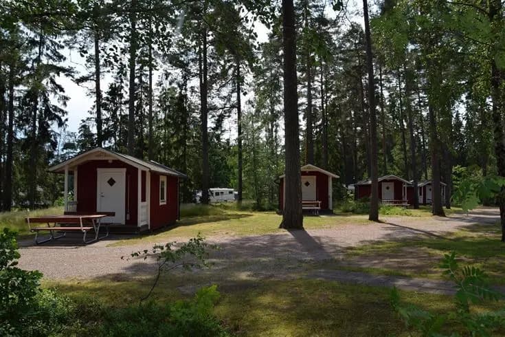 En solig dag vid Hätte Camping med gröna träd och en välskött gräsmatta. Små stugor och trädgårdsbyggnader syns i bakgrunden, omgivna av en lummig skog.