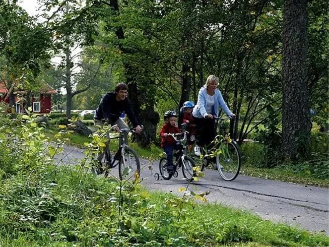En cykel parkerad i grönskande omgivning på Hedesunda camping, med fokus på cykelns hjul och styre, omgiven av frodiga växter.