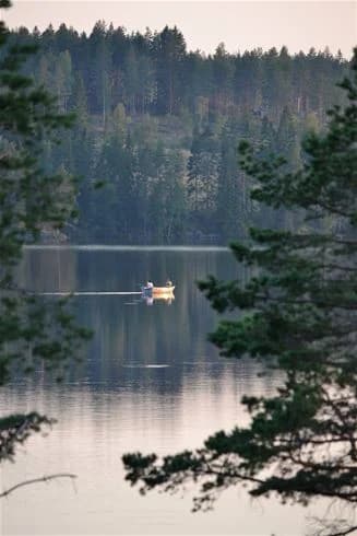 En rofylld sjö omgiven av lummiga träd och naturliga omgivningar vid Grums Fish n' Camp, Sävsjön.