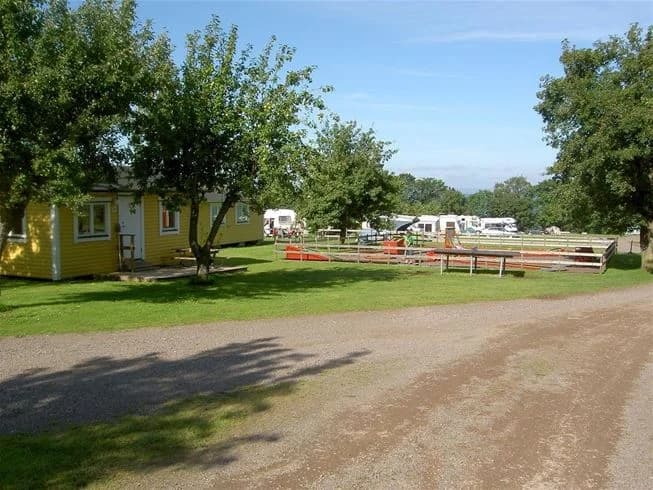 En campingplats med husbilar och husvagnar parkerade på en grön gräsmatta omgiven av träd.