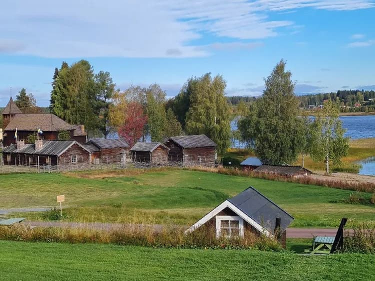 En grönskande campingplats i Särna med ett litet stugområde, omgiven av öppet landskap och gräsmarker.