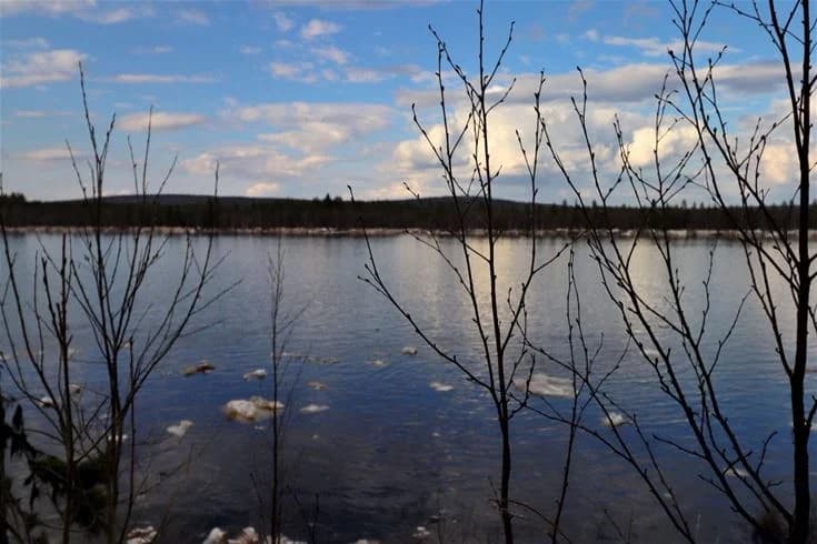 En naturskön vy över Pajala Camping Route 99 med blått vatten som speglar den omgivande naturen, där vattendraget harmoniserar med det gröna landskapet.