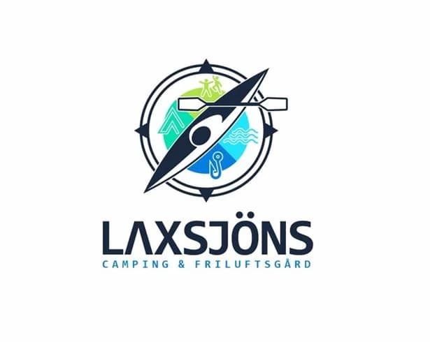 En färgglad annons för Laxsjöns camping med deras logotyp och reklamtext på.