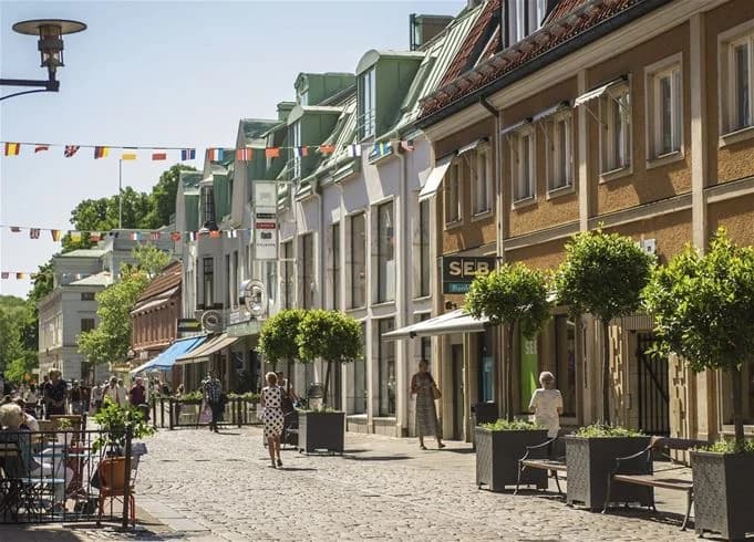 En somrig landskapsbild av Kalmar camping - Rafshagsudden, som visar en väg omgiven av grönska och träd. I bakgrunden anas en stadsmiljö med bostadsområden. En trottoar löper längs vägen, idealisk för promenader.