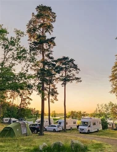 En vidsträckt campingplats med gröna gräsytor och uppställda tält och husvagnar. Området omges av frodig natur och erbjuder avkopplande utomhusupplevelser nära vattnet.