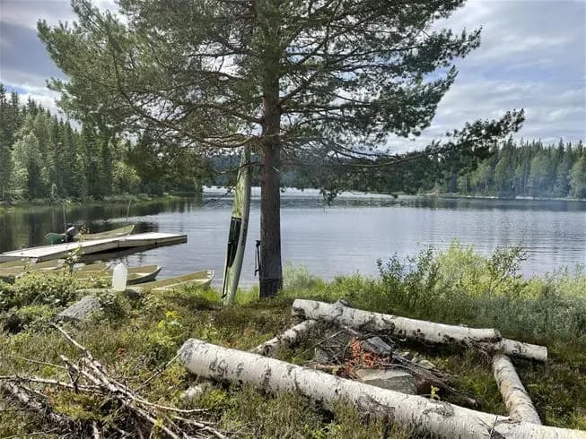Bild av Valsjöbyns camping: En naturskön plats med sjö i förgrunden, omgiven av täta skogsområden. Vattnet reflekterar den omkringliggande vegetationen, och landskapet ger en känsla av lugn och frid.