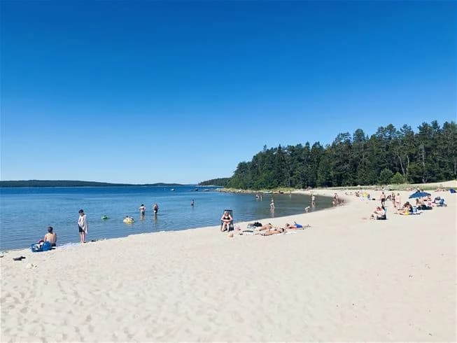 En vacker sandstrand vid Hölick Havsresort med glittrande vatten och omgivande kustlandskap, perfekt för sommarsemester och rekreation.