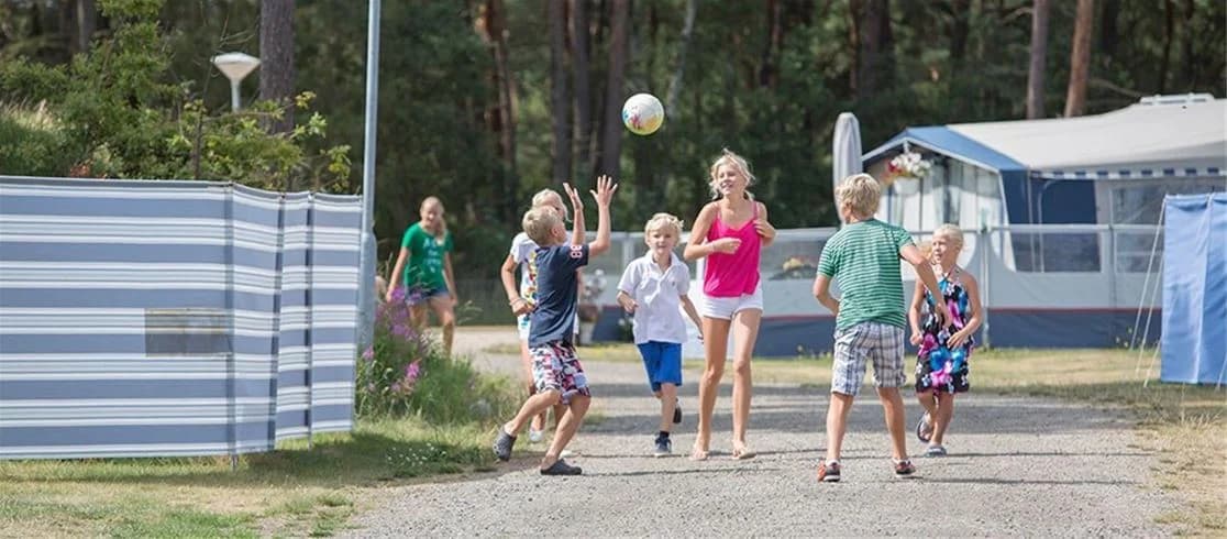 En grupp barn leker och har roligt i skuggan på Borrbystrand Camping en solig sommardag. De spelar sport och är klädda i aktiva sommarkläder, vilket skapar en känsla av fritid och semester.