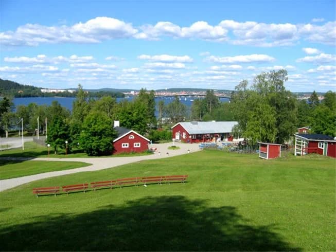 En naturskön bild av Sandvikens camping och stugby med gröna gräsmattor, höga träd och små stugor utspridda i ett öppet parklandskap.