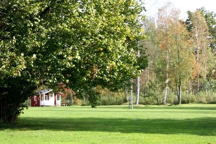 En grönskande campingplats i Emmaboda, omgiven av frodig gräsmatta, träd och buskar.