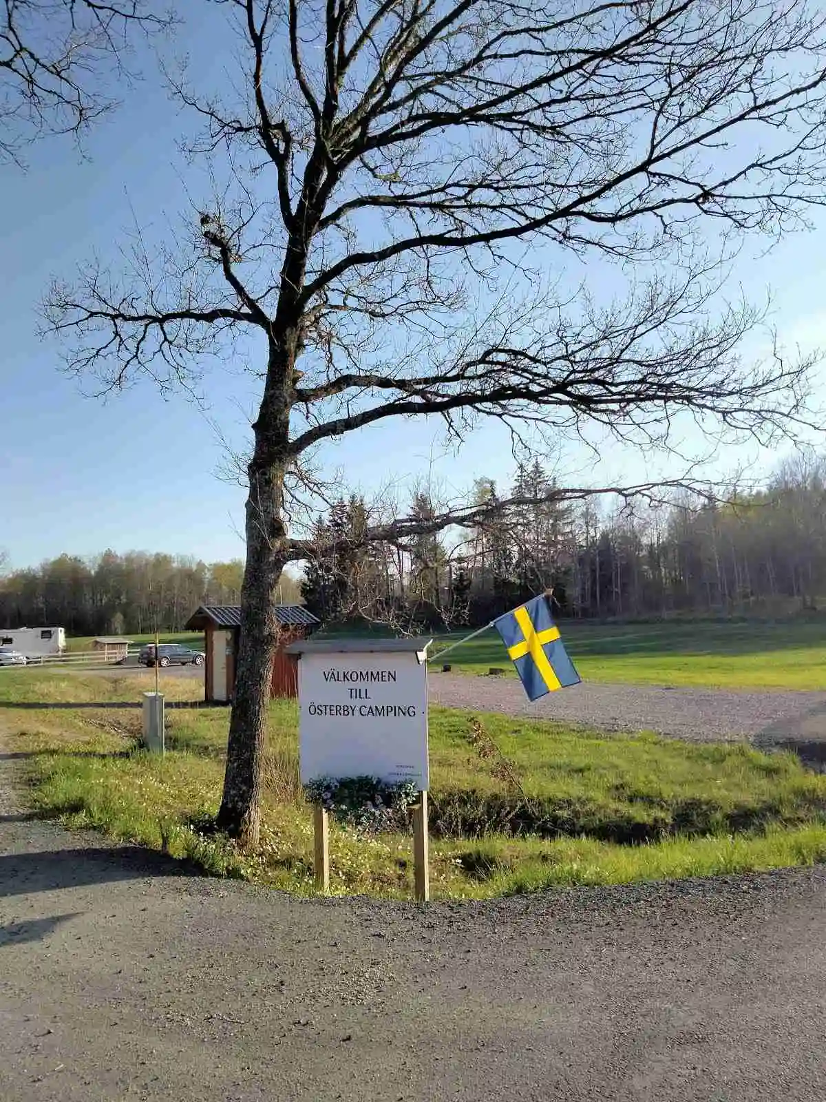 En flaggstång med hissad svensk flagga står nära en skylt som visar vägen till Österby Camping, omgiven av grönska.