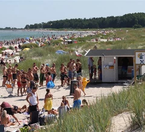 En solig sommardag på Bödagårdens camping där besökare njuter av stranden. Människor solar, badar och kopplar av i sina baddräkter, omgivna av det glittrande havet och sand. Perfekt för semester och fritid.