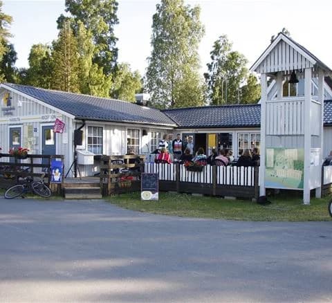 En campingplats med utomhusmöbler, inklusive picknickbord och bänkar, belägen i en skuggad del av området.