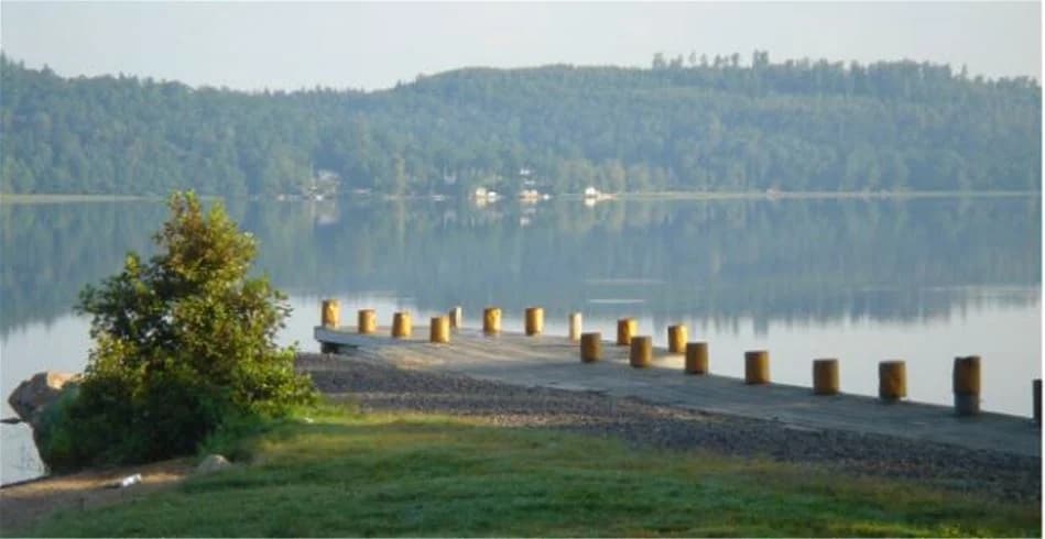 En stilla morgon vid Skotteksgården camping & stugby, med utsikt över en lugn sjö omgiven av frodig natur och en sandstrand.