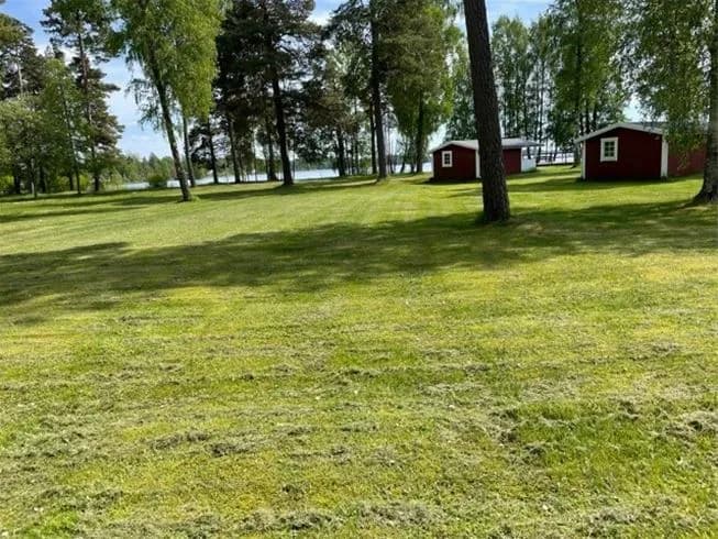 En vidsträckt gräsyta omgiven av träd och växter på Gökaskratts camping.