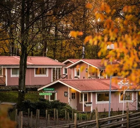 En charmig stuga med rött tak och träfasad i Lisebergsbyn, omgiven av grönska.