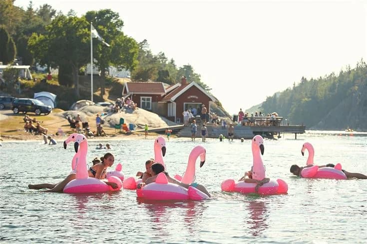 En scen vid Lagunen Camping & Stugor med en rofylld sjö och en strand som inbjuder till rekreation och semesteraktiviteter. En båt syns vid vattnet med omgivande grönska, perfekt för en sommarutflykt eller avkoppling.