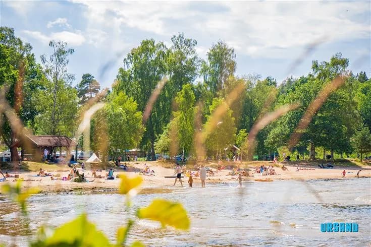 En solig sommardag vid stranden på Ursand Resort & Camping, med träd i bakgrunden och glada besökare som njuter av fritidsaktiviteter vid vattenbrynet.