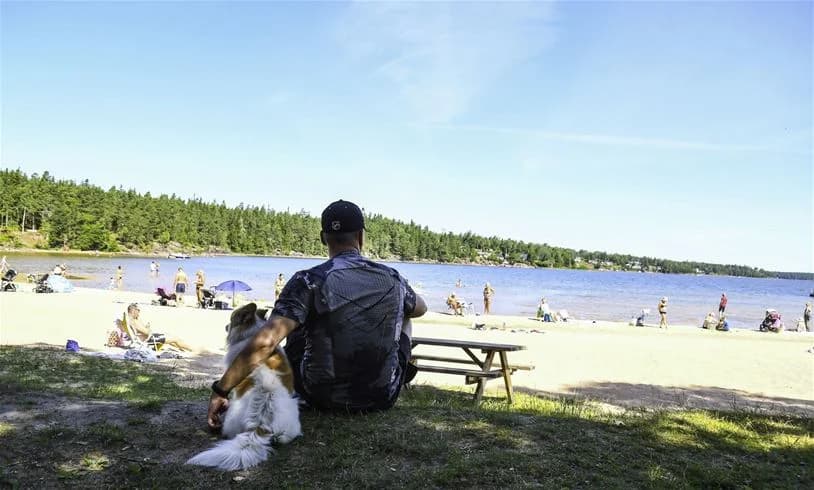 En grupp människor som njuter av solen och badar vid den sandiga stranden på Ursand Resort & Camping, med ett glittrande vattendrag i bakgrunden.