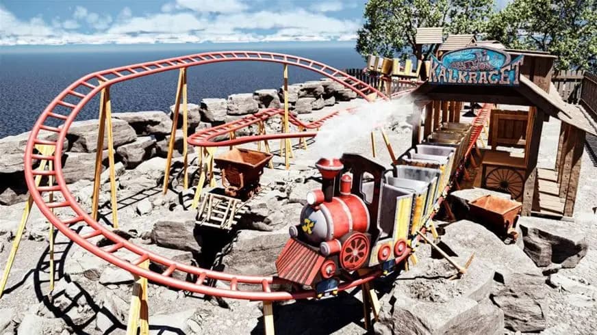 Bild av Kneippbyn Resort Visby som visar en livlig nöjespark med en berg- och dalbana och andra åkattraktioner, omgiven av glada besökare som njuter av rekreation och turism.