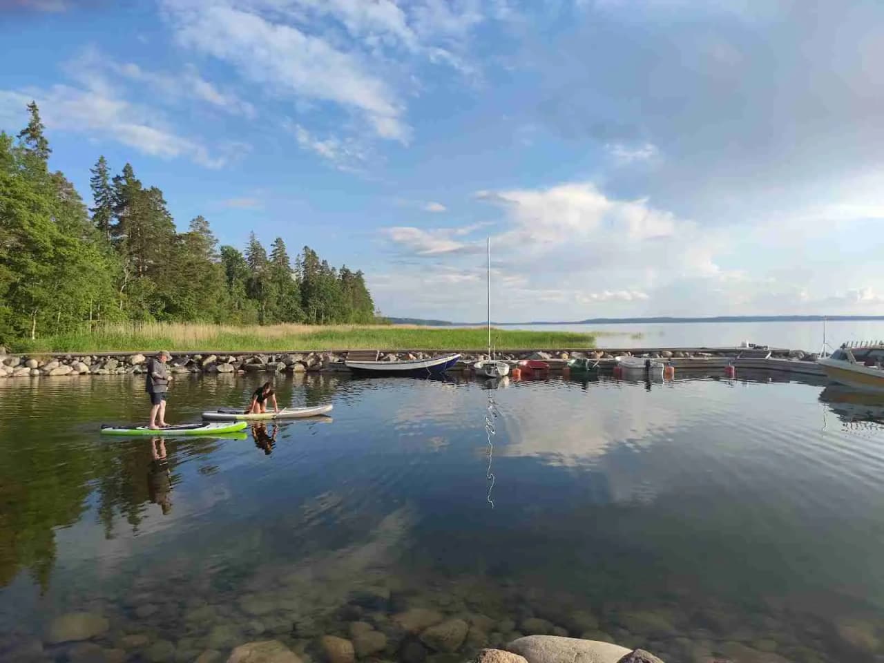 En liten båt flyter på en lugn sjö omgiven av lummiga skogsklädda stränder, som framhäver den avkopplande naturen vid camping Tiveden.