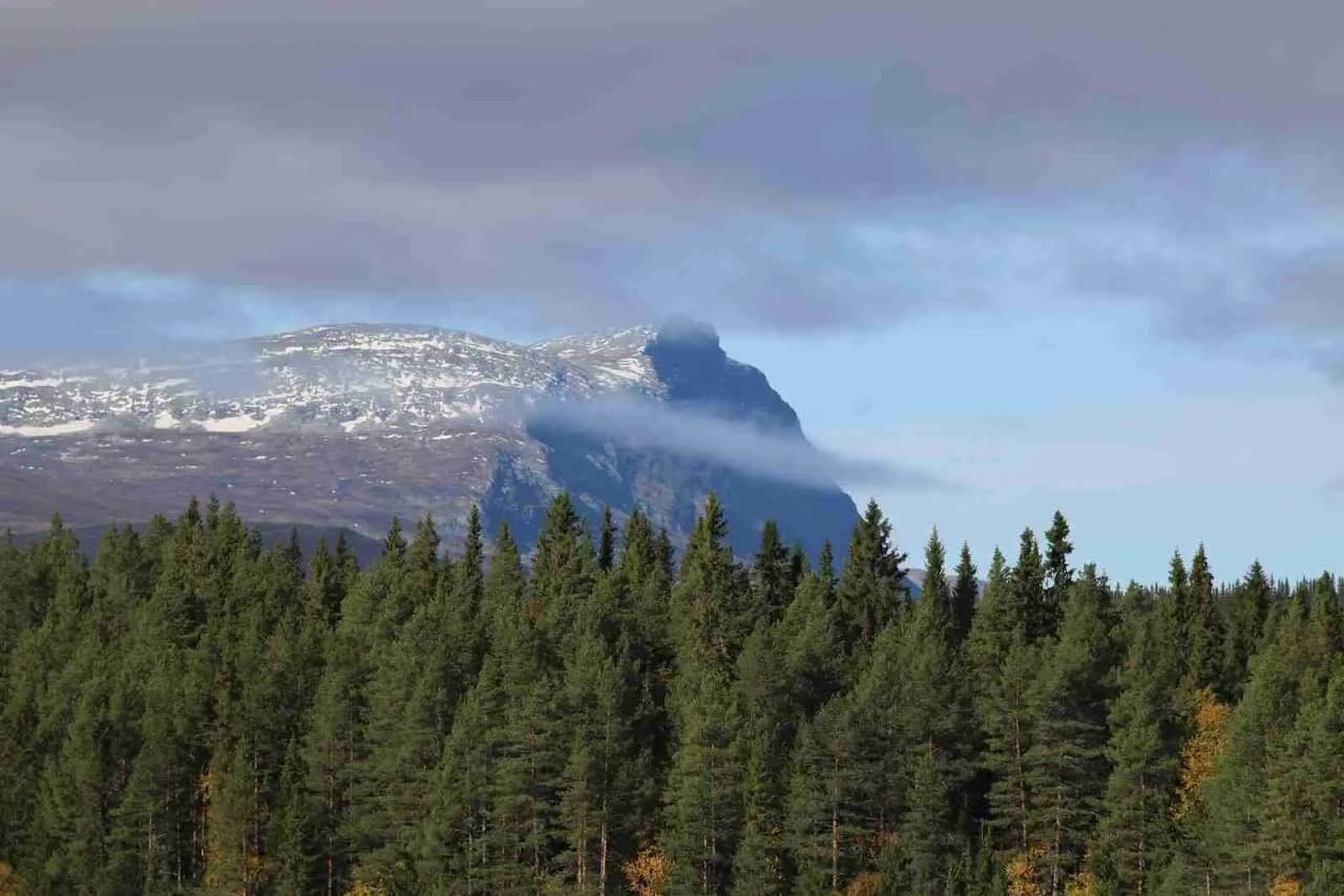 Vy över storsjö camping och ställplats med bergiga landskap i bakgrunden. En klarblå himmel med lätta moln täcker området, omgiven av grönskande marker och kullar.