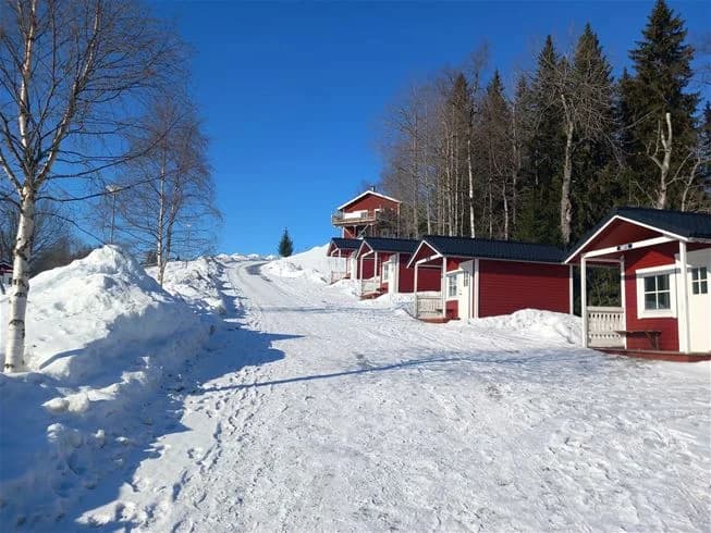 En vinterlandskap med snötäckt mark, där en mysig stuga med snötäckt tak står omgiven av tallar. Ristafallets camping erbjuder en fredlig atmosfär i det snötäckta landskapet.
