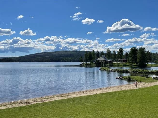 En somrig vy över ett vattendrag vid Trehörningsjö camping & stugor, omgivet av grönskande växter, med fredfull natur och en glittrande vattenyta.
