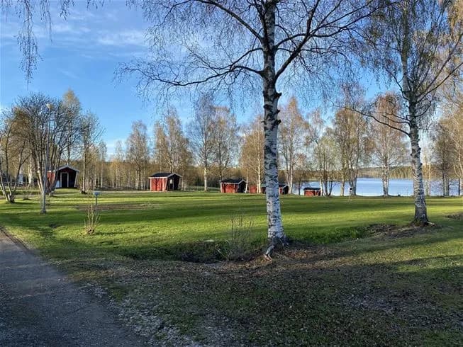 Bild av Trehörningsjö Camping & Stugor. Gröna gräsmattor omgivna av träd och naturlandskap.