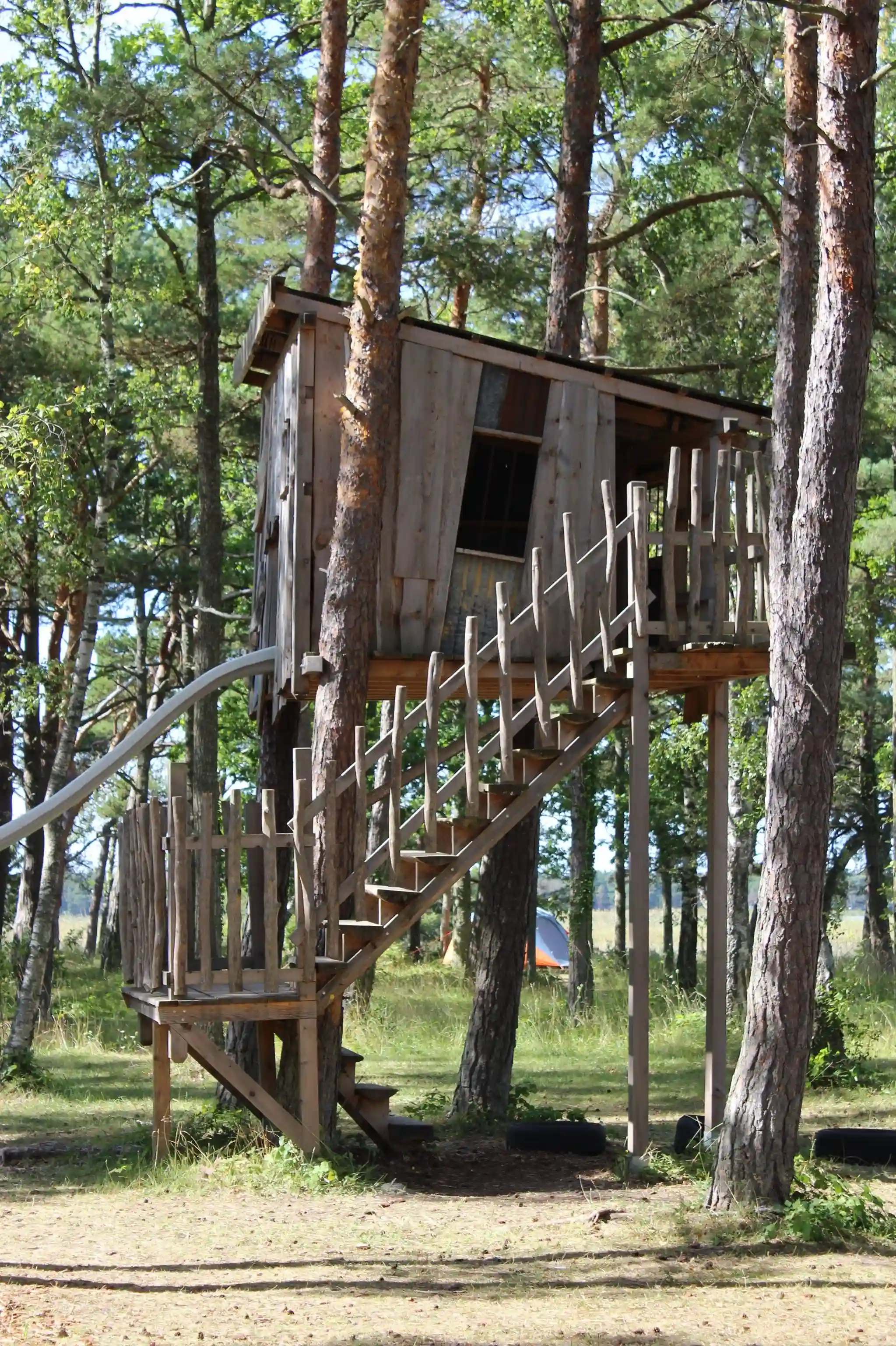 Alt-text: Ett trädkoja i trä med stege, omgiven av skog och höga träd, vid Fide Äventyrsby & Camping.