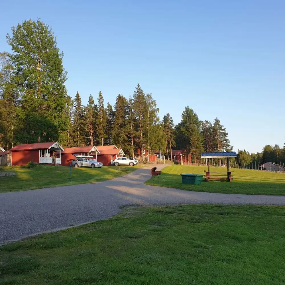 En grönskande campingplats med frodig gräsmatta omgiven av träd, inbjudande som en plats för avkoppling och rekreation.