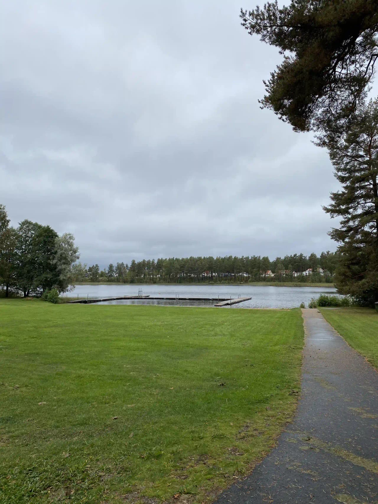 Grönskande campingområde vid Hjortsjön med gräs, omgivande växter och utsikt över sjön.