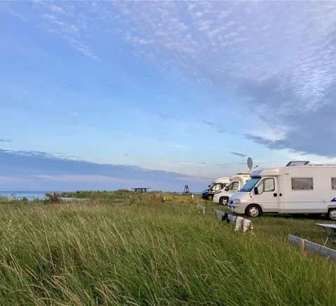 En husbil och en minivan står parkerade på en öppen plats omgiven av ängar vid Wikegårds semesterby & ställplatscamping.