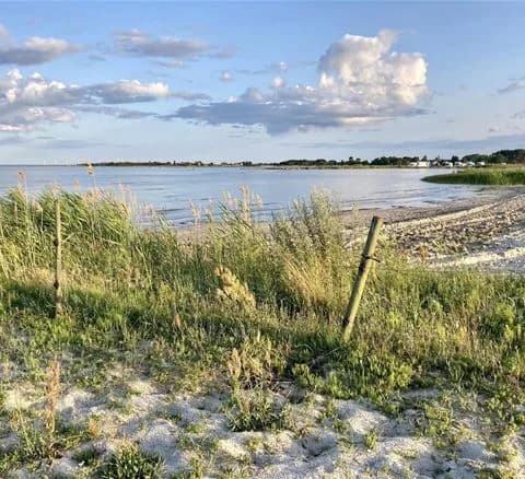En lugn kustlinje vid Wikegårds semesterby & ställplatscamping, med klarblå himmel och stilla vatten som sträcker sig mot horisonten, inramad av grönska och moln.