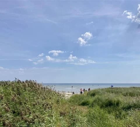 Vy över en strand med blå himmel och vita moln, sommarstämning vid havet nära Wikegårds semesterby & ställplatscamping.