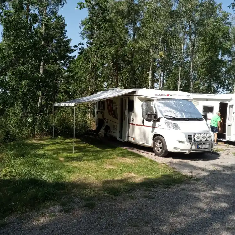 En husvagn och en skåpbil står parkerade på en campingplats omgiven av cyklar och grönska.