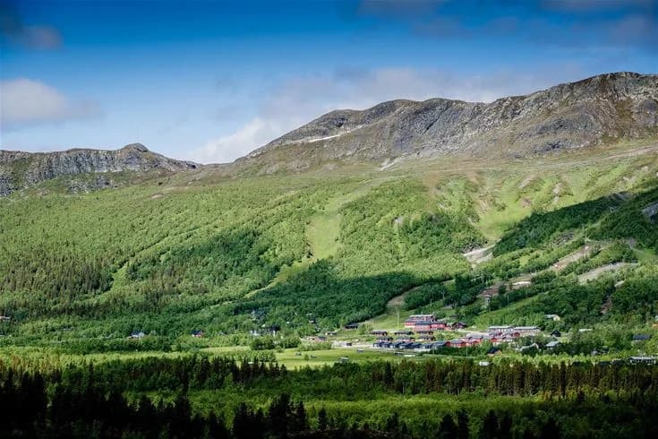 Bilden visar det natursköna landskapet vid Camp Kittelfjäll med berg och kullar i bakgrunden, omgiven av grönskande vegetation och öppna gräsmarker.