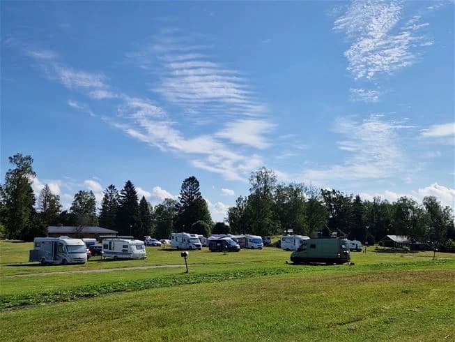 En grönskande campingplats vid Farstanäs Camping & Havsbad med gräsbevuxna ytor, träd och en molntäckt himmel.
