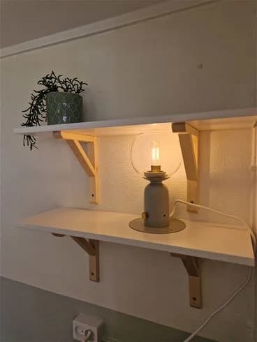 En träbeklädd interiör med hyllor längs väggarna, taklampor och naturliga träelement, typiskt för en mysig och rustik atmosfär.