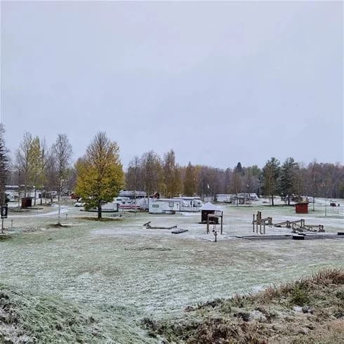 En snötäckt campingplats vid Hede med tallar i bakgrunden, en kall vinterdag med vita vidder och isiga ytor.