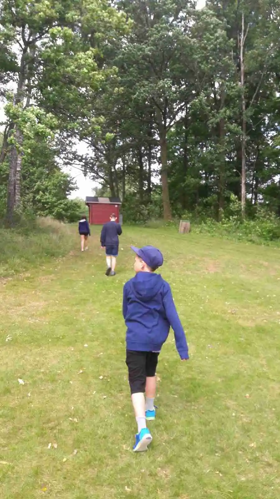 En somrig bild av Kalvs Familjecamping med grönskande gräs och växtlighet i förgrunden. Människor syns njuta av fritidsaktiviteter på campingen, omgivna av en naturskön och öppen äng.