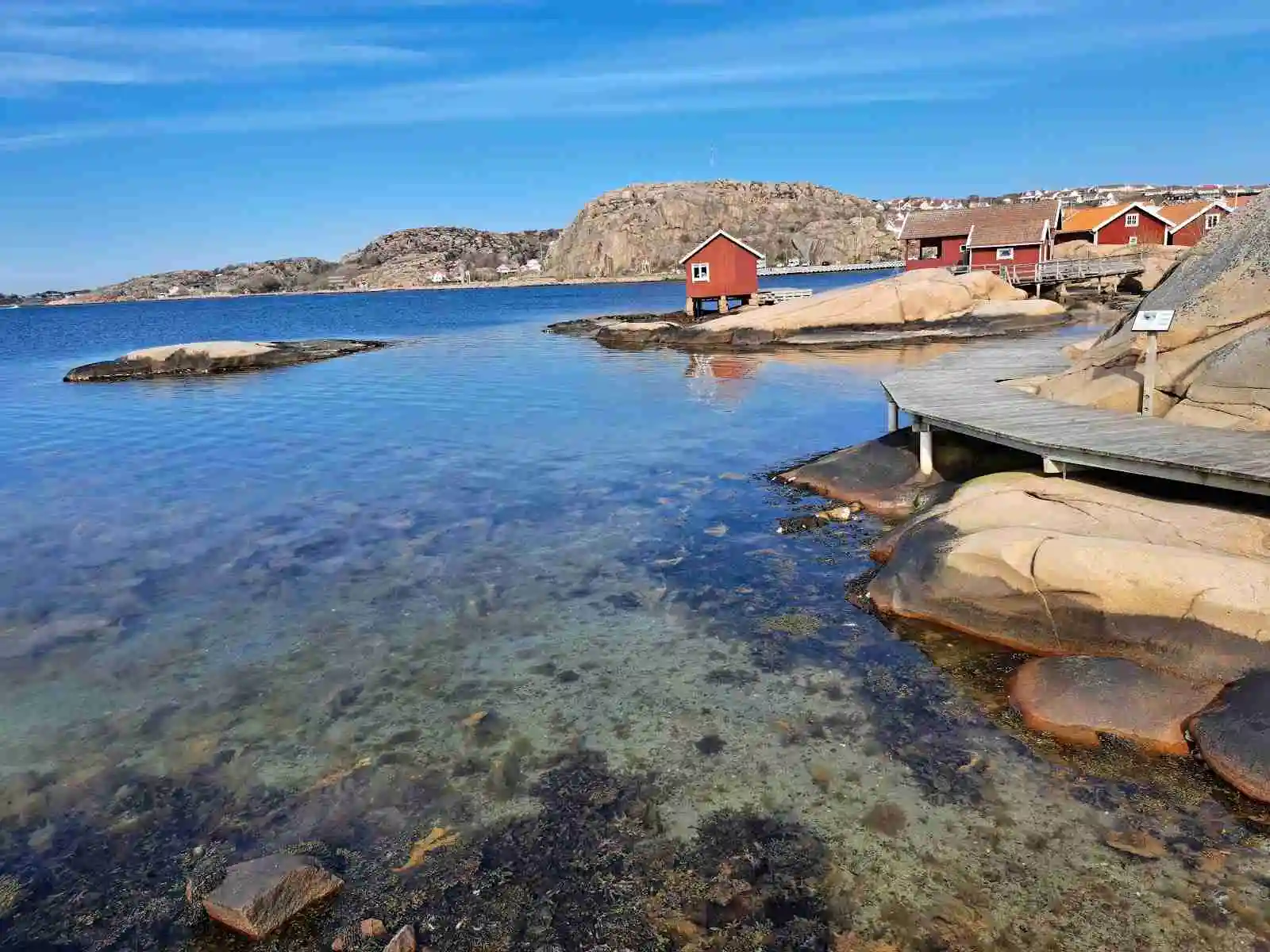 Vy över Hunnebostrands camping och stugor med en kustlinje i förgrunden. Bilden visar en lugn vattenyta omgiven av klippor och skogbeklädda stränder. En ö kan ses i bakgrunden, vilket bidrar till det natursköna och fridfulla landskapet.