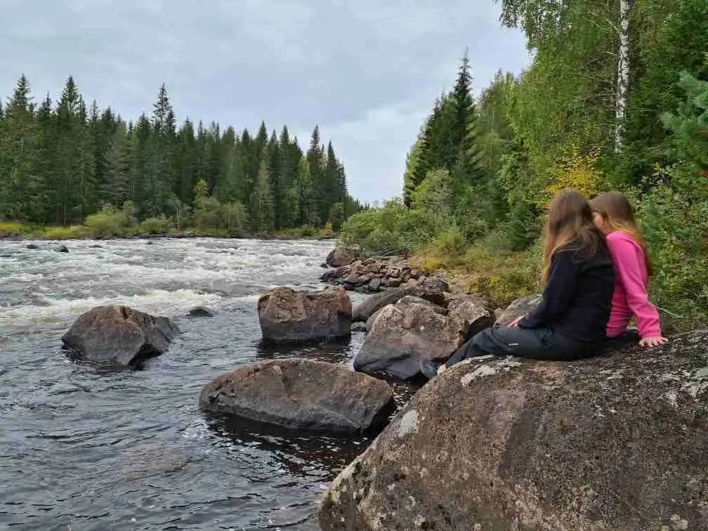 En naturskön vy vid Yttermalungs camping & stugby, med en stilla vattendrag omgivet av täta skogspartier och stora stenar.
